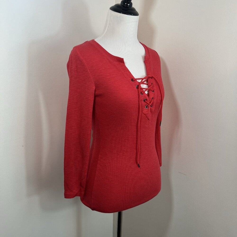 Anthropologie Deletta Red Lace Up Long Sleeve Cotton Knit Top Sweater Grunge XS